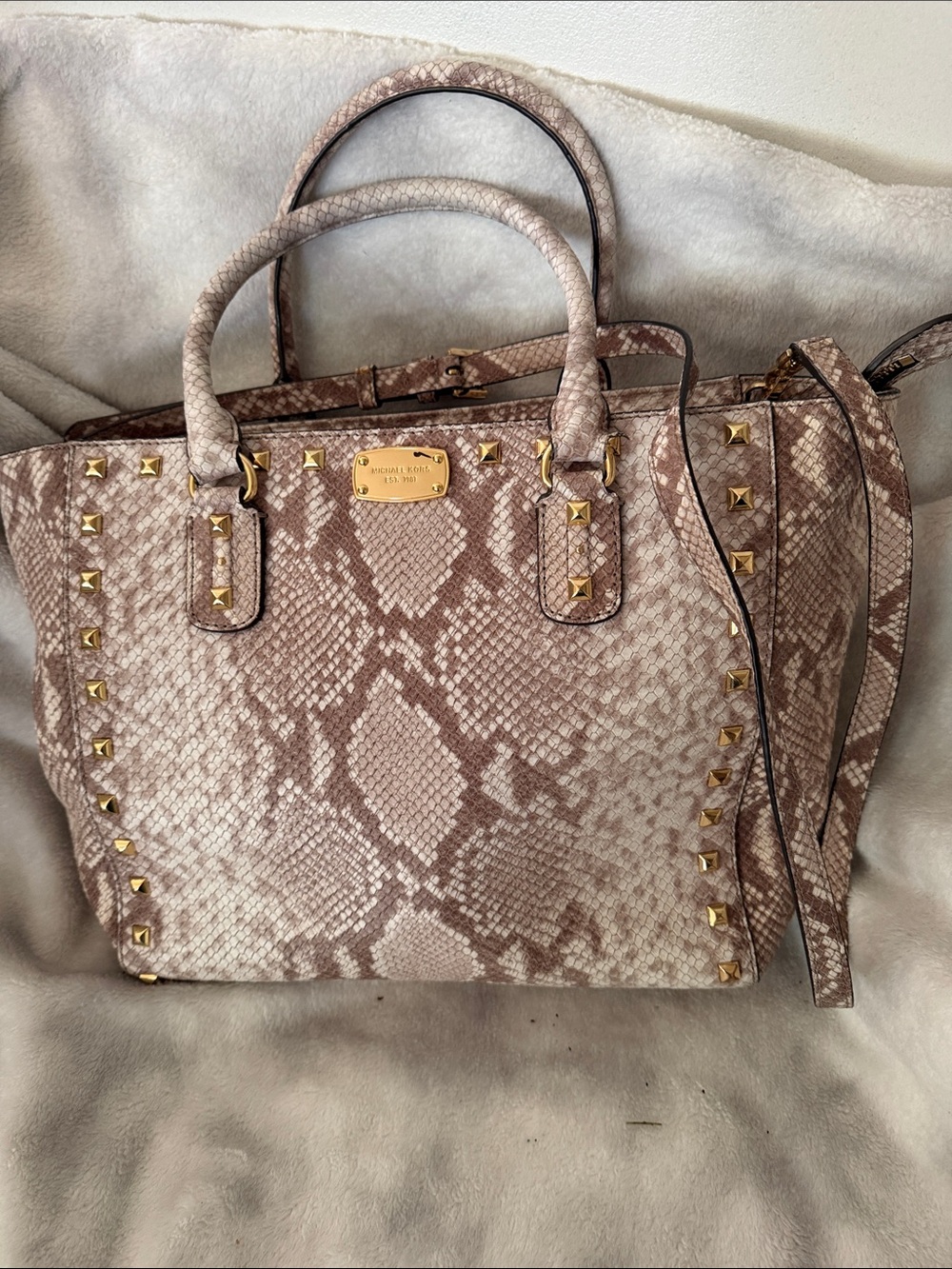 Michael Kors Snake-Print Studded Satchel in Taupe